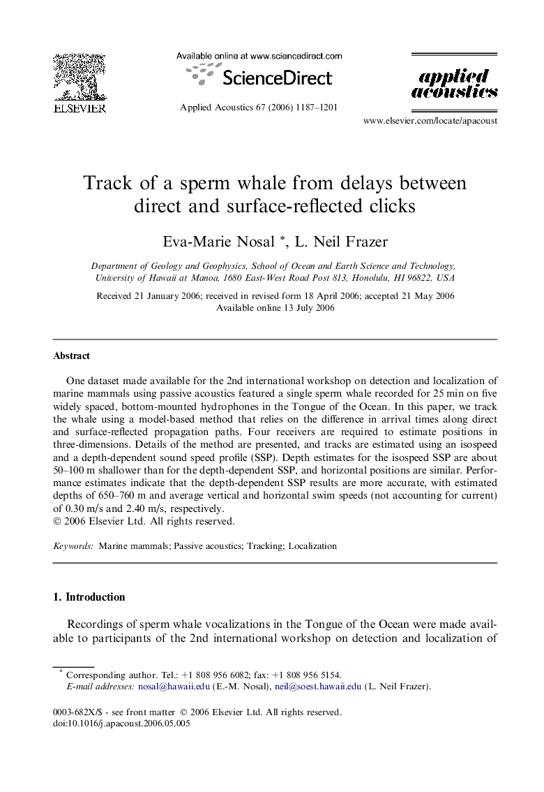 Track of a sperm whale from delays between direct and surface-reflected clicks