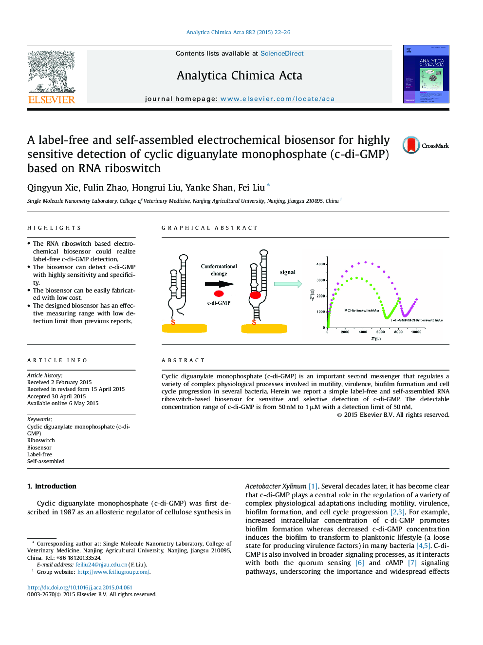 A label-free and self-assembled electrochemical biosensor for highly sensitive detection of cyclic diguanylate monophosphate (c-di-GMP) based on RNA riboswitch