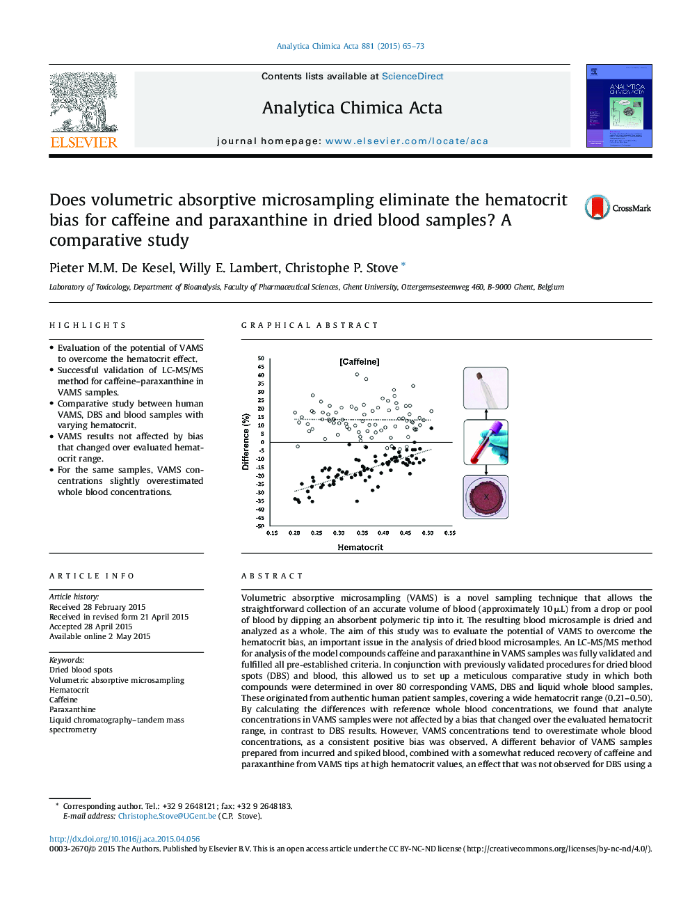 Does volumetric absorptive microsampling eliminate the hematocrit bias for caffeine and paraxanthine in dried blood samples? A comparative study