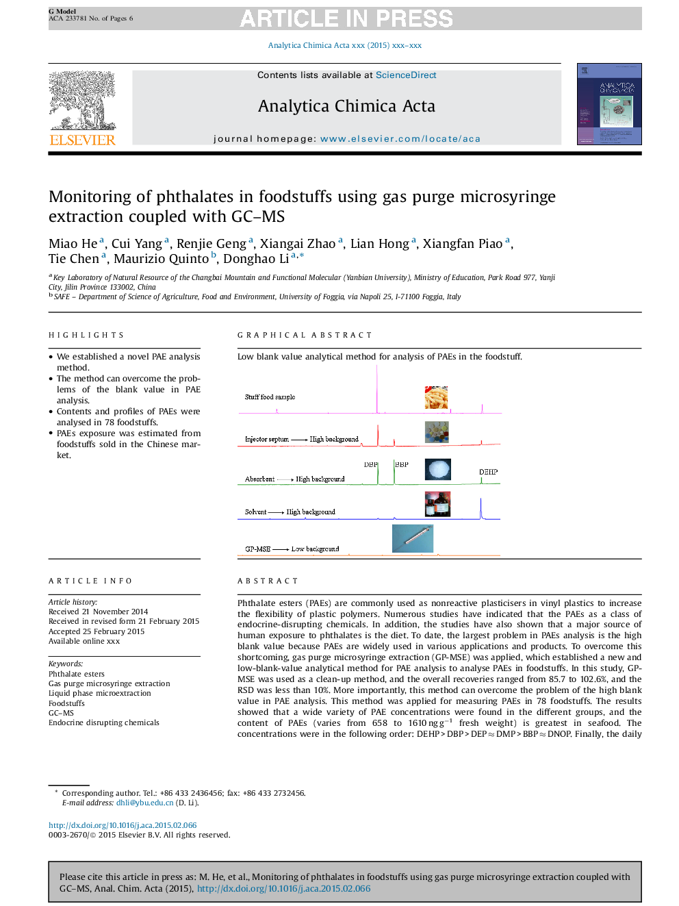 Monitoring of phthalates in foodstuffs using gas purge microsyringe extraction coupled with GC-MS