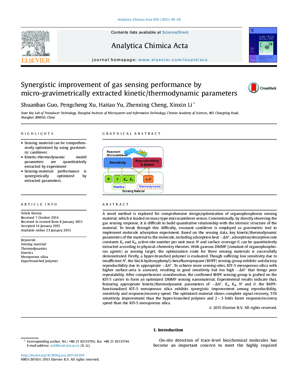 Synergistic improvement of gas sensing performance by micro-gravimetrically extracted kinetic/thermodynamic parameters