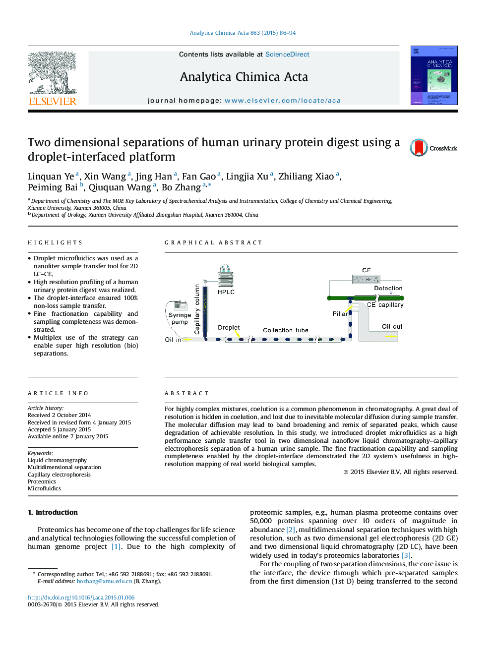 Two dimensional separations of human urinary protein digest using a droplet-interfaced platform