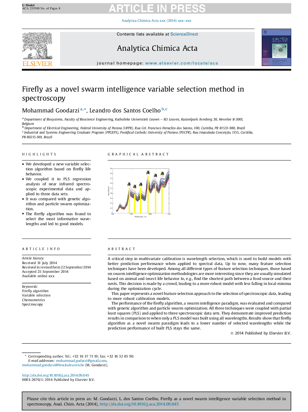 Firefly as a novel swarm intelligence variable selection method in spectroscopy