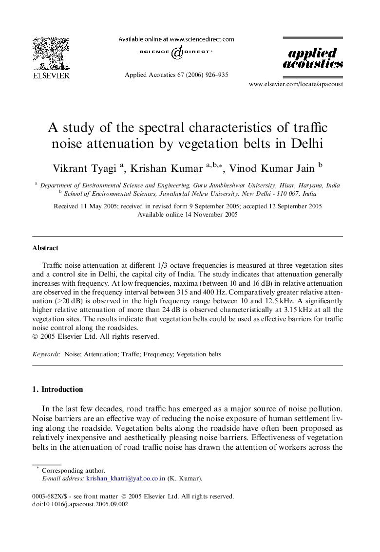 A study of the spectral characteristics of traffic noise attenuation by vegetation belts in Delhi