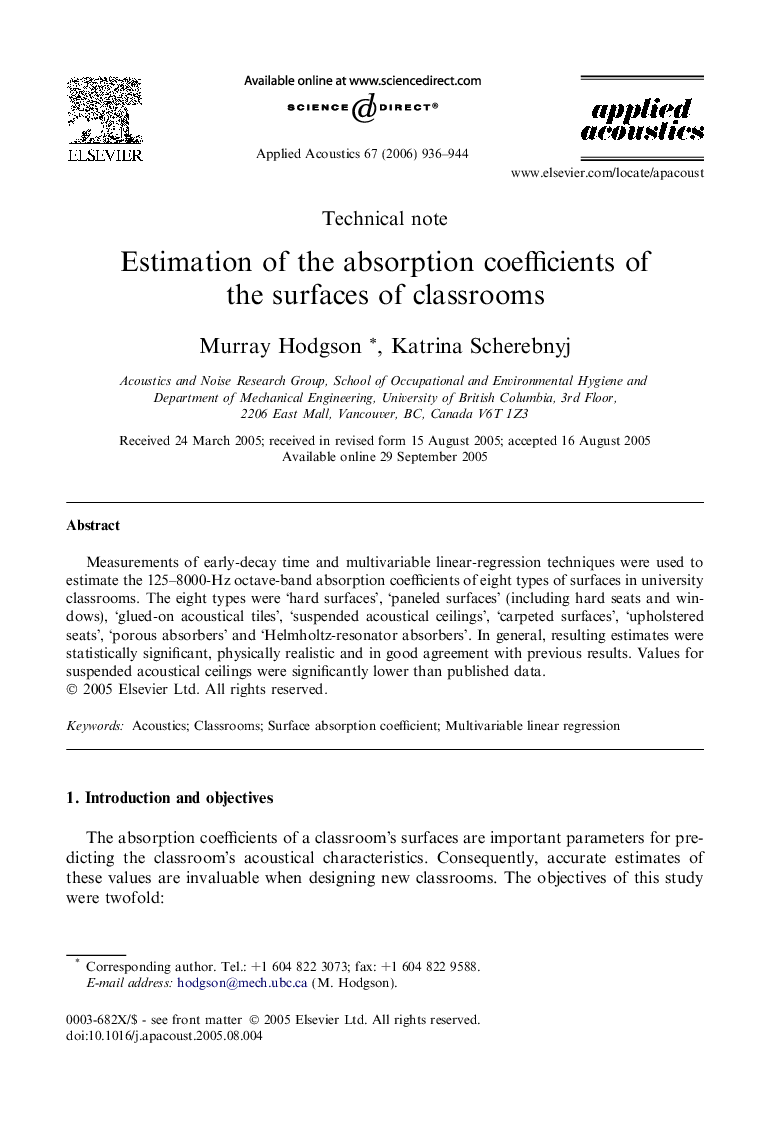 Estimation of the absorption coefficients of the surfaces of classrooms