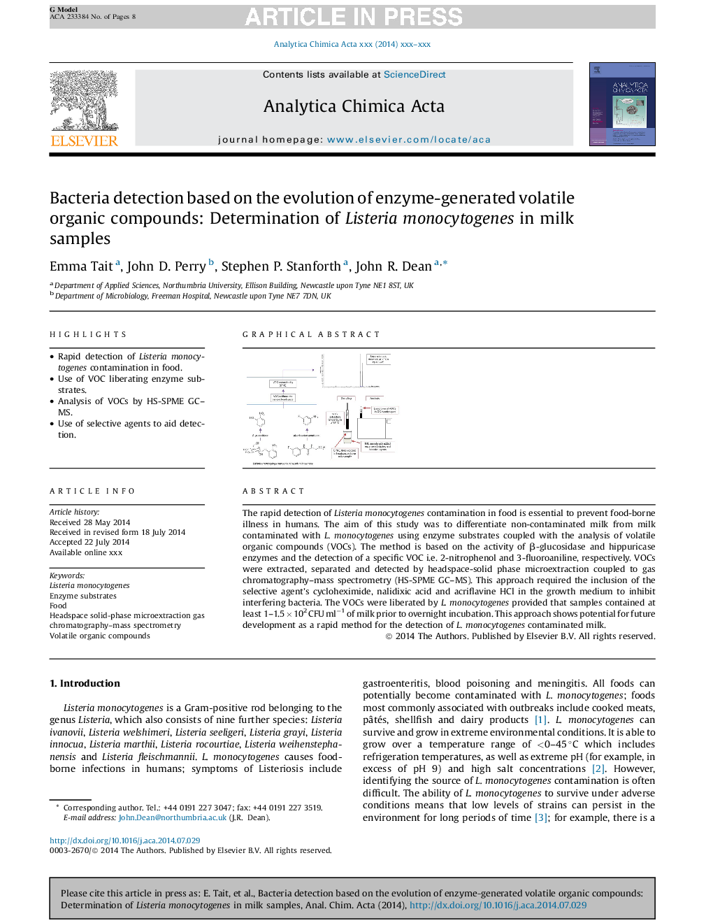 Bacteria detection based on the evolution of enzyme-generated volatile organic compounds: Determination of Listeria monocytogenes in milk samples