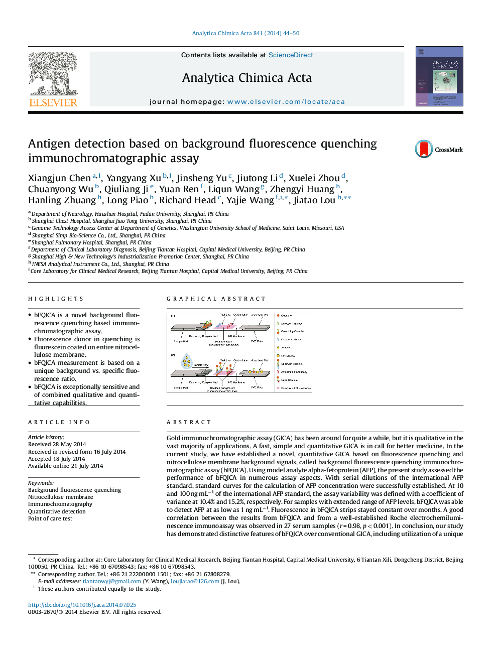Antigen detection based on background fluorescence quenching immunochromatographic assay