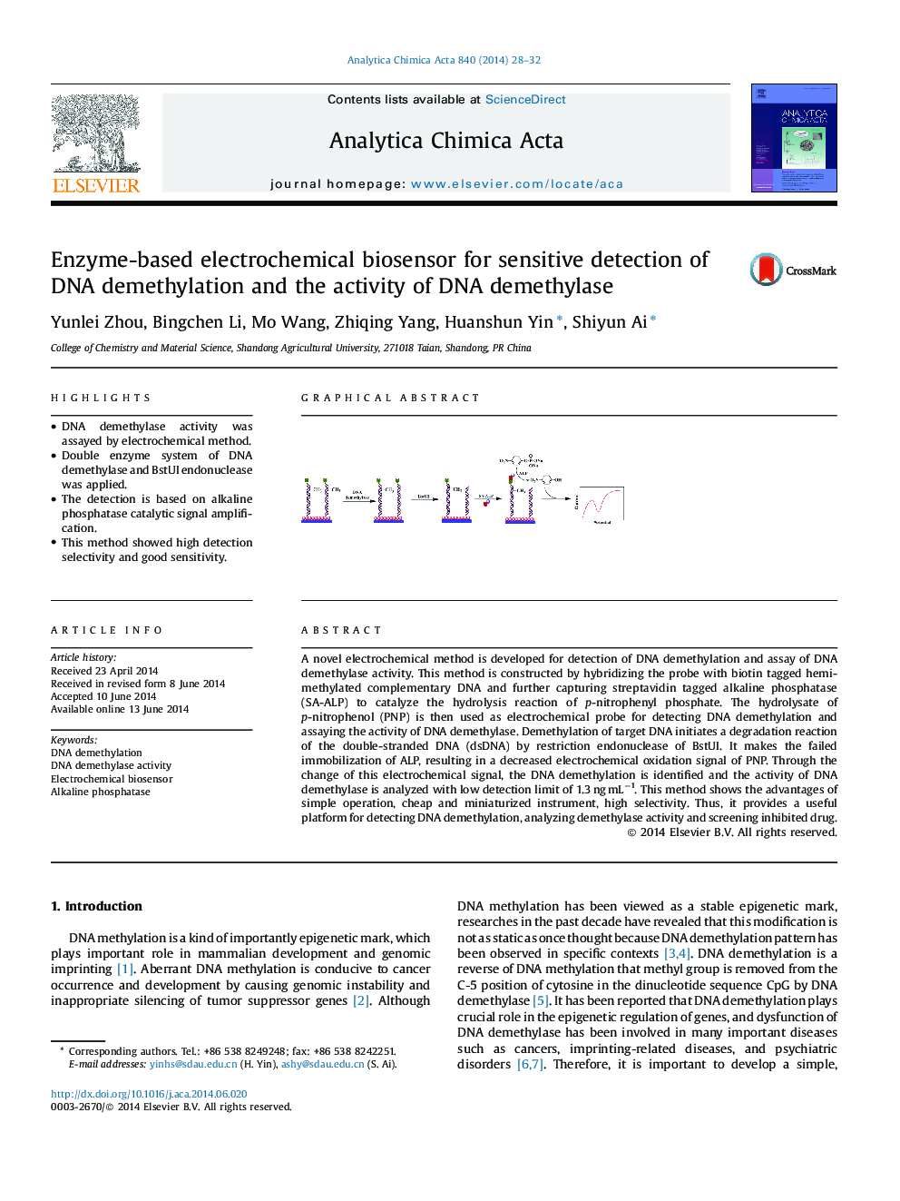 Enzyme-based electrochemical biosensor for sensitive detection of DNA demethylation and the activity of DNA demethylase