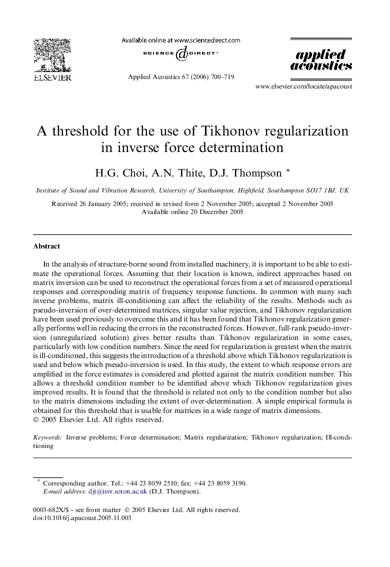 A threshold for the use of Tikhonov regularization in inverse force determination