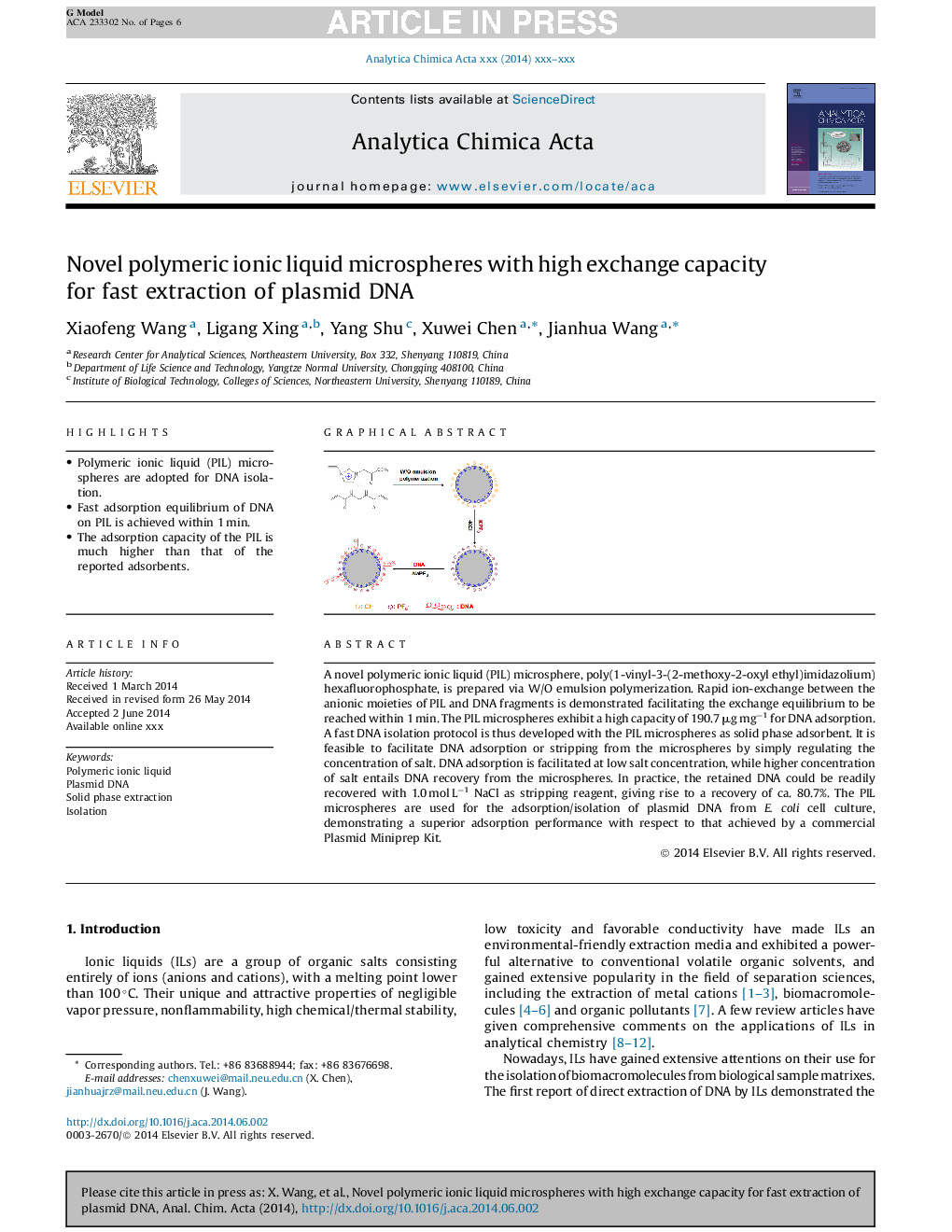 Novel polymeric ionic liquid microspheres with high exchange capacity for fast extraction of plasmid DNA