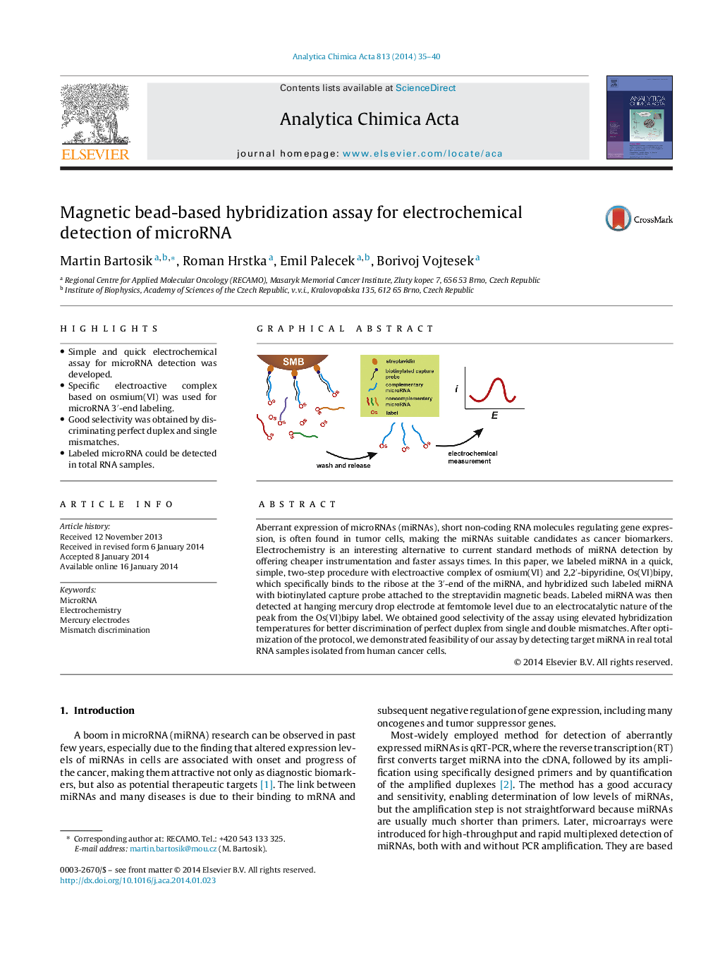 Magnetic bead-based hybridization assay for electrochemical detection of microRNA