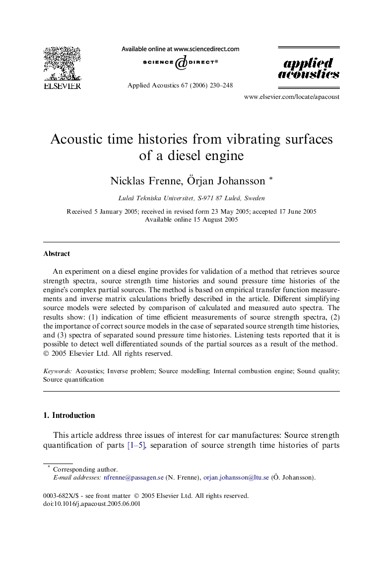 Acoustic time histories from vibrating surfaces of a diesel engine