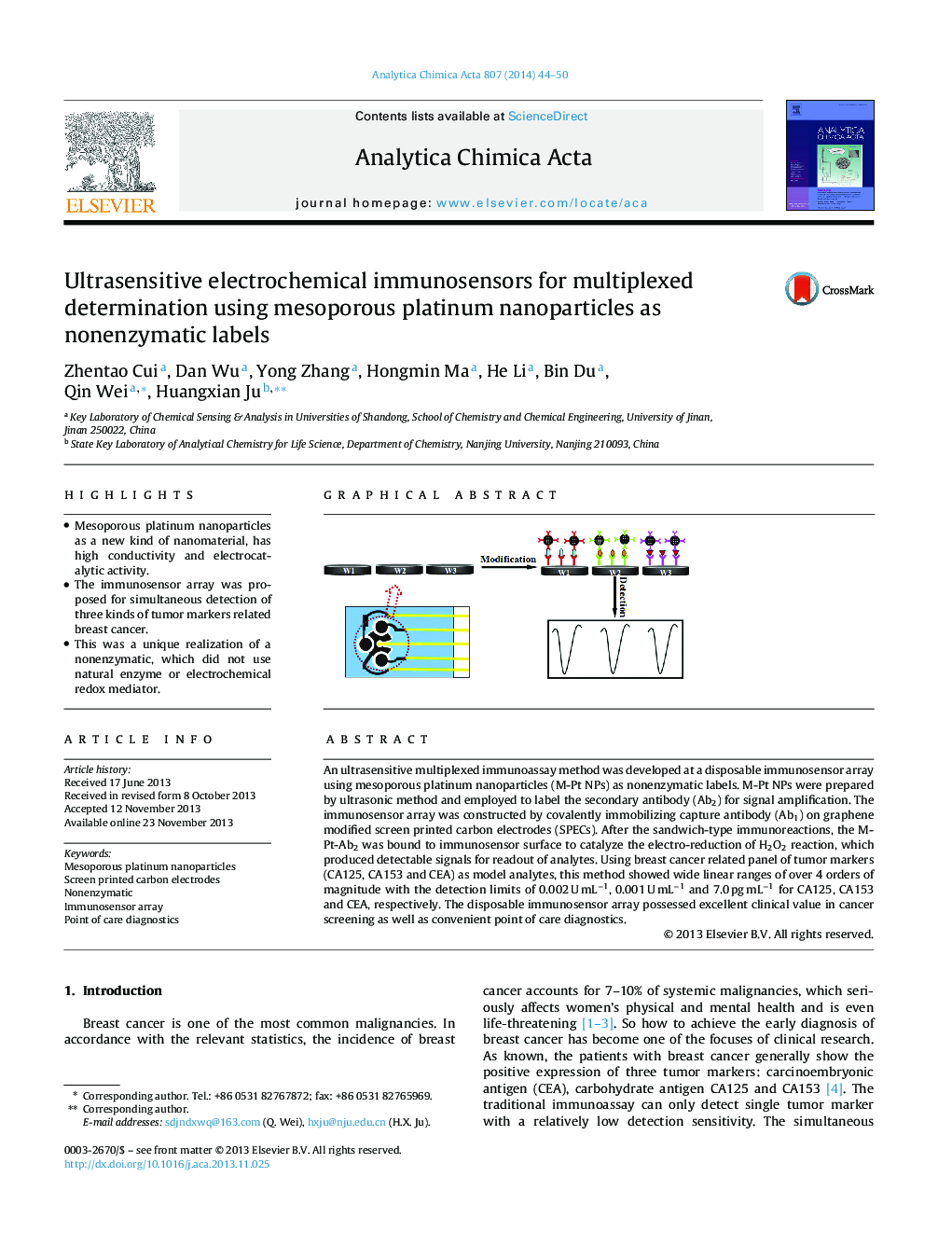 Ultrasensitive electrochemical immunosensors for multiplexed determination using mesoporous platinum nanoparticles as nonenzymatic labels