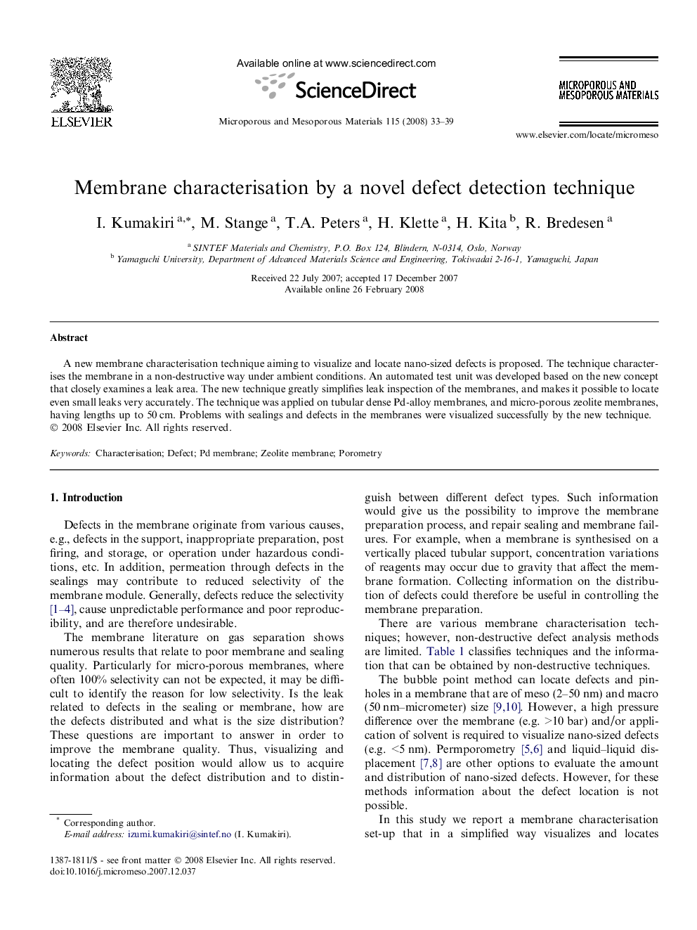 Membrane characterisation by a novel defect detection technique