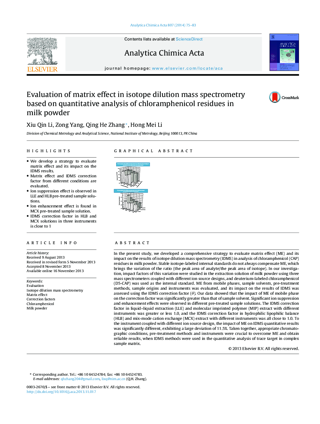 Evaluation of matrix effect in isotope dilution mass spectrometry based on quantitative analysis of chloramphenicol residues in milk powder