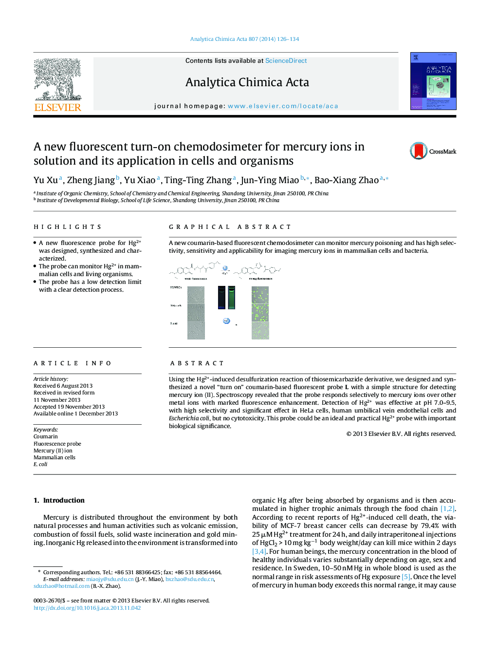 A new fluorescent turn-on chemodosimeter for mercury ions in solution and its application in cells and organisms