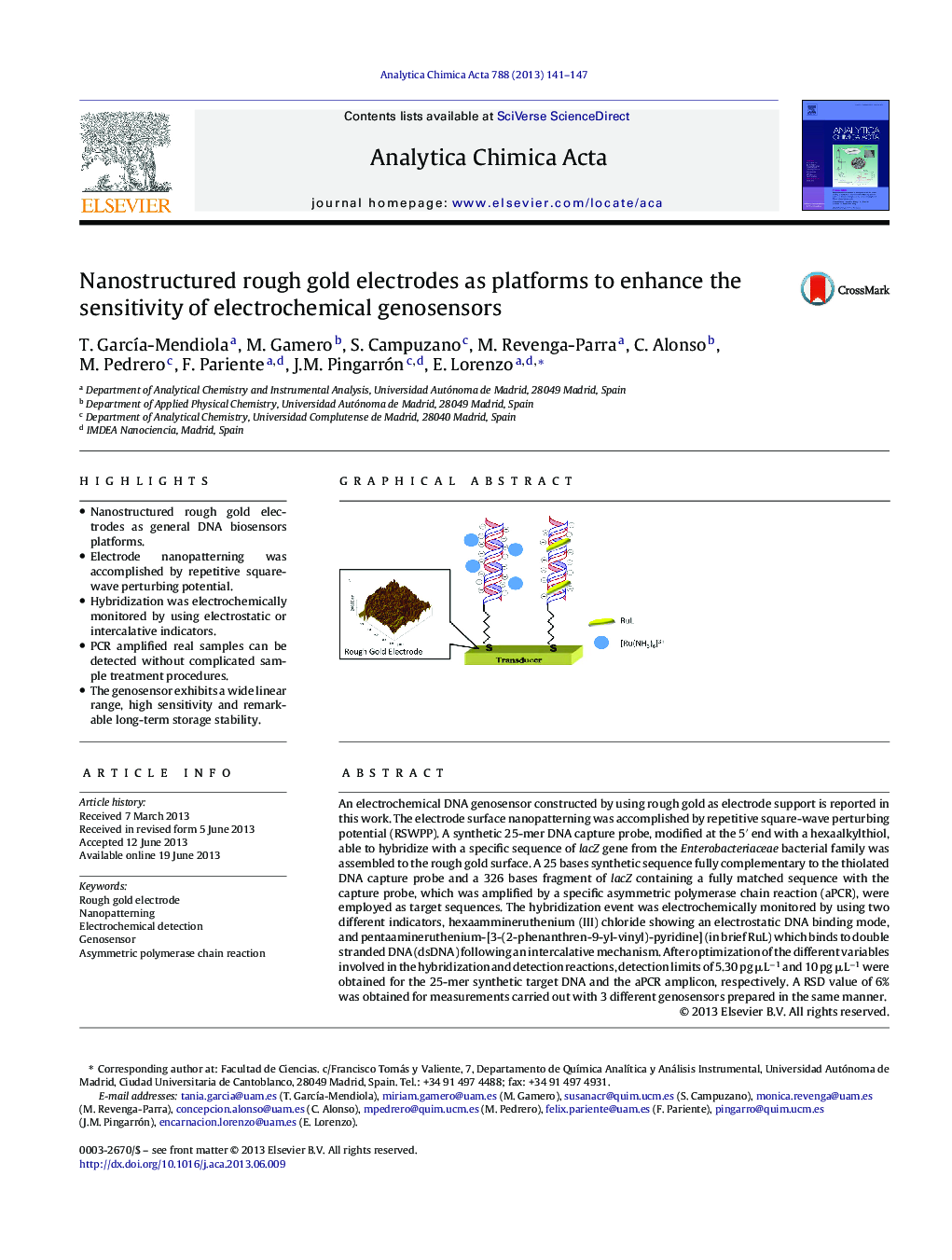 Nanostructured rough gold electrodes as platforms to enhance the sensitivity of electrochemical genosensors