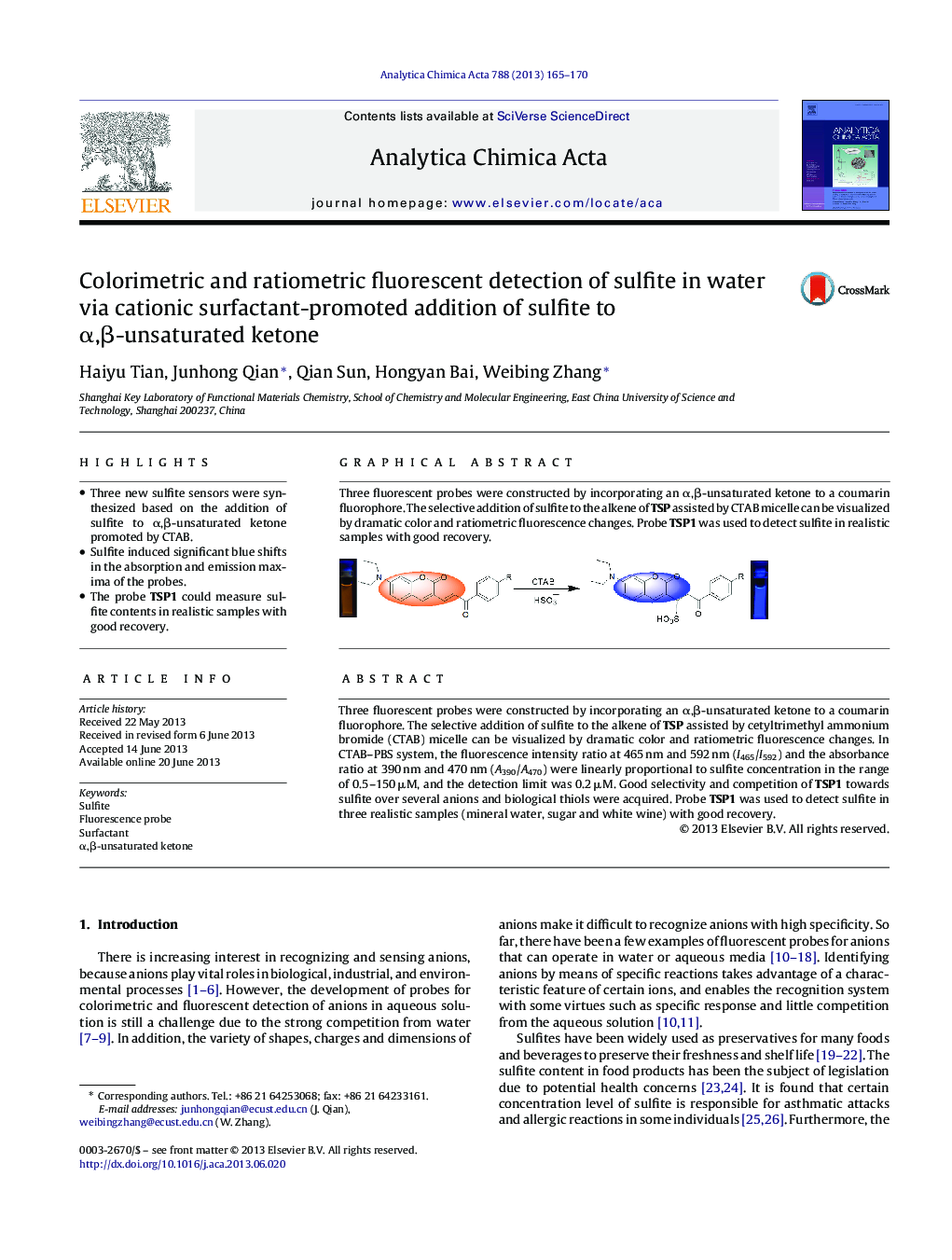 Colorimetric and ratiometric fluorescent detection of sulfite in water via cationic surfactant-promoted addition of sulfite to Î±,Î²-unsaturated ketone