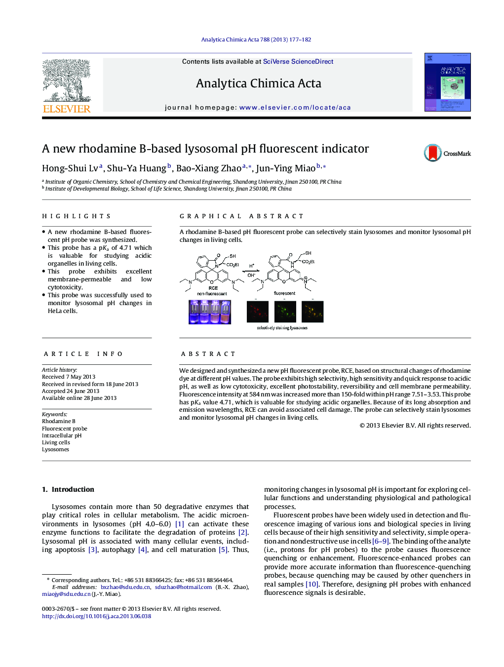 A new rhodamine B-based lysosomal pH fluorescent indicator