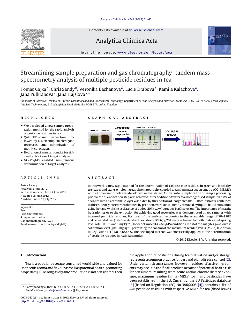 Streamlining sample preparation and gas chromatography-tandem mass spectrometry analysis of multiple pesticide residues in tea