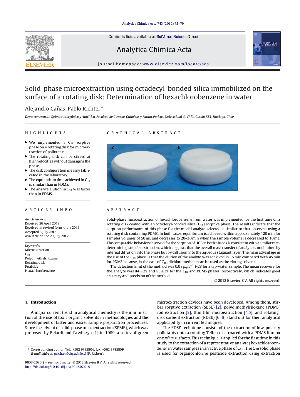 Solid-phase microextraction using octadecyl-bonded silica immobilized on the surface of a rotating disk: Determination of hexachlorobenzene in water