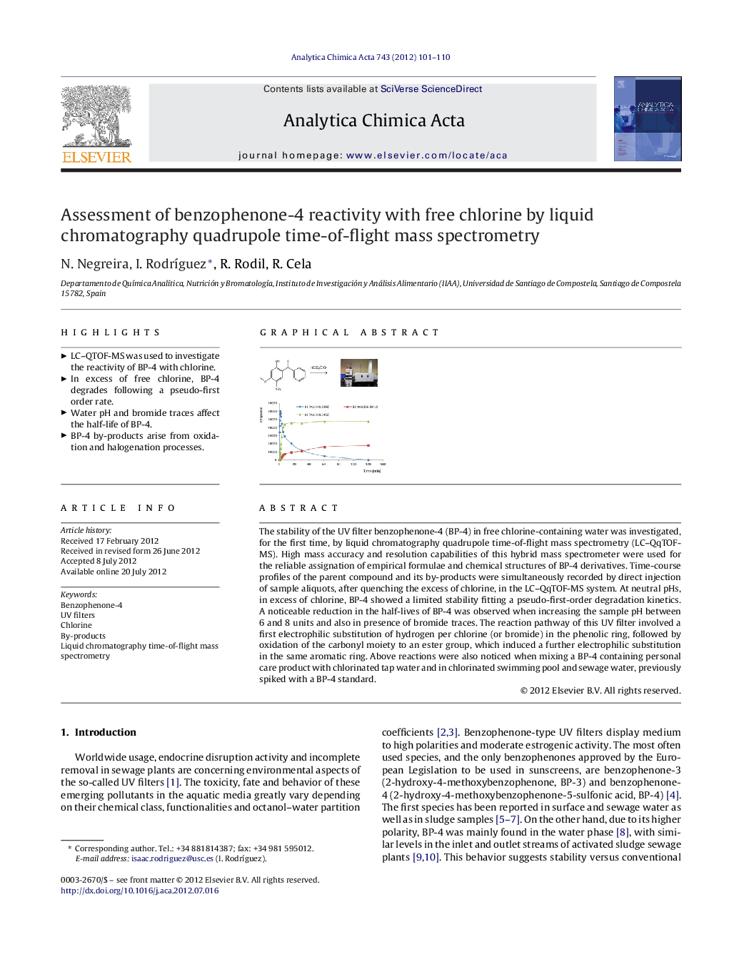 Assessment of benzophenone-4 reactivity with free chlorine by liquid chromatography quadrupole time-of-flight mass spectrometry