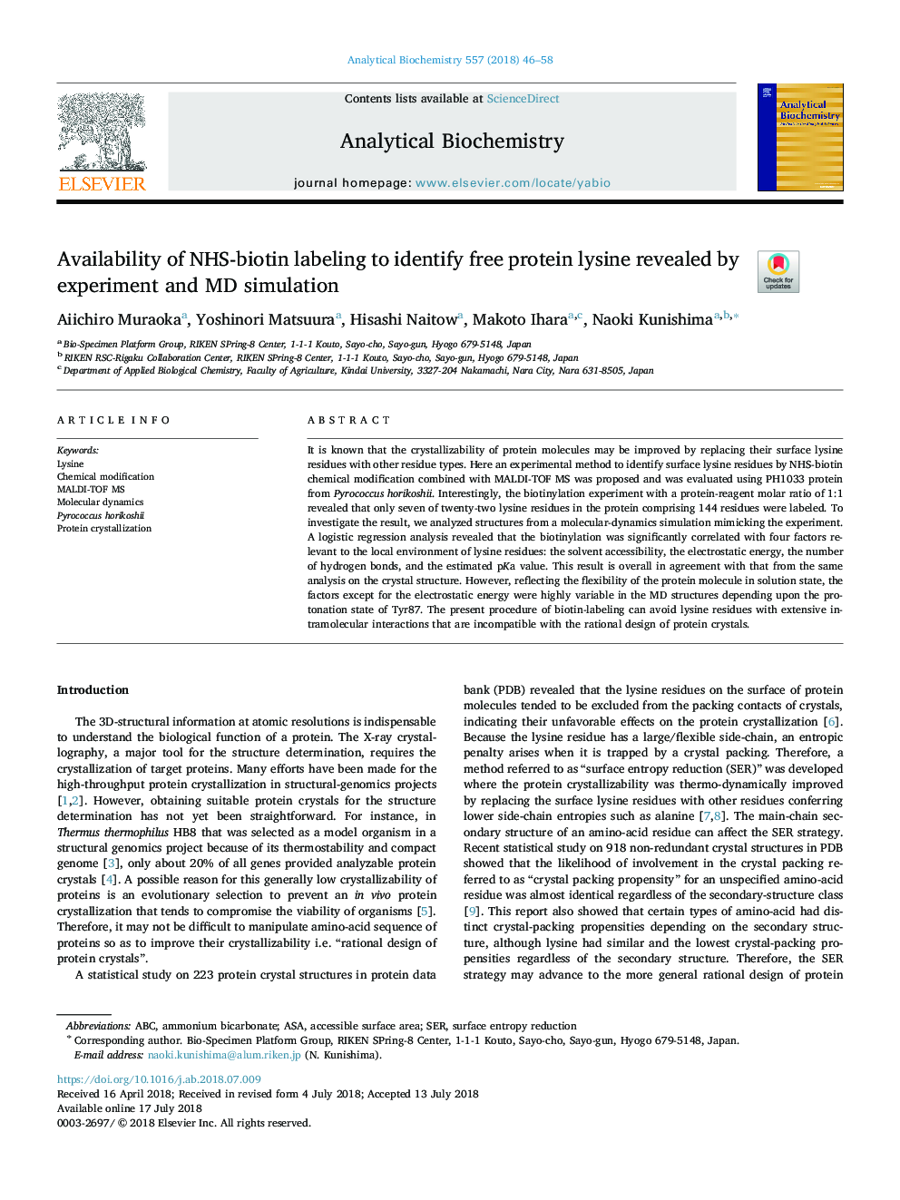Availability of NHS-biotin labeling to identify free protein lysine revealed by experiment and MD simulation