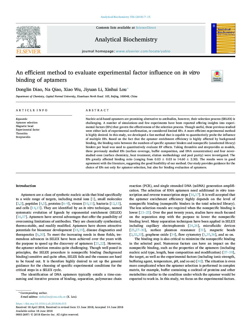 An efficient method to evaluate experimental factor influence on in vitro binding of aptamers