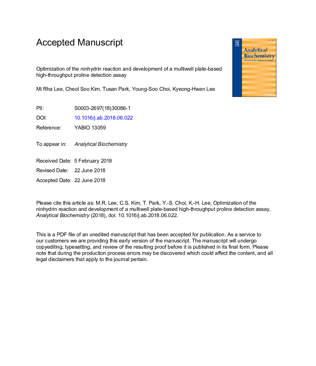 Optimization of the ninhydrin reaction and development of a multiwell plate-based high-throughput proline detection assay