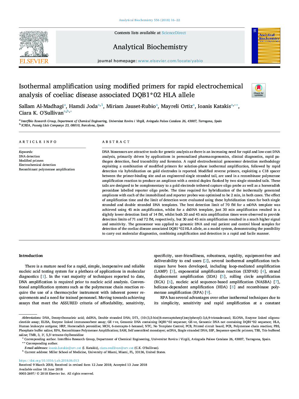 Isothermal amplification using modified primers for rapid electrochemical analysis of coeliac disease associated DQB1*02 HLA allele