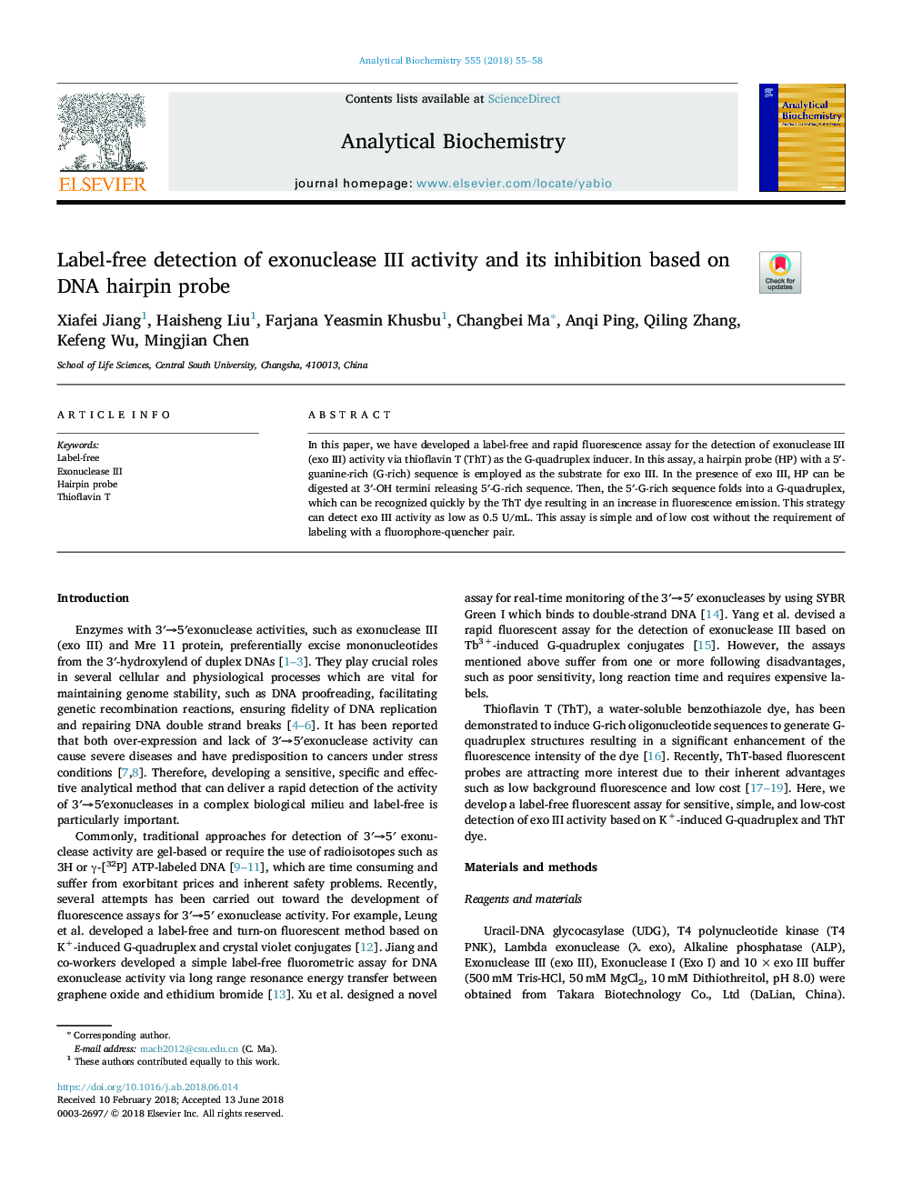 Label-free detection of exonuclease III activity and its inhibition based on DNA hairpin probe