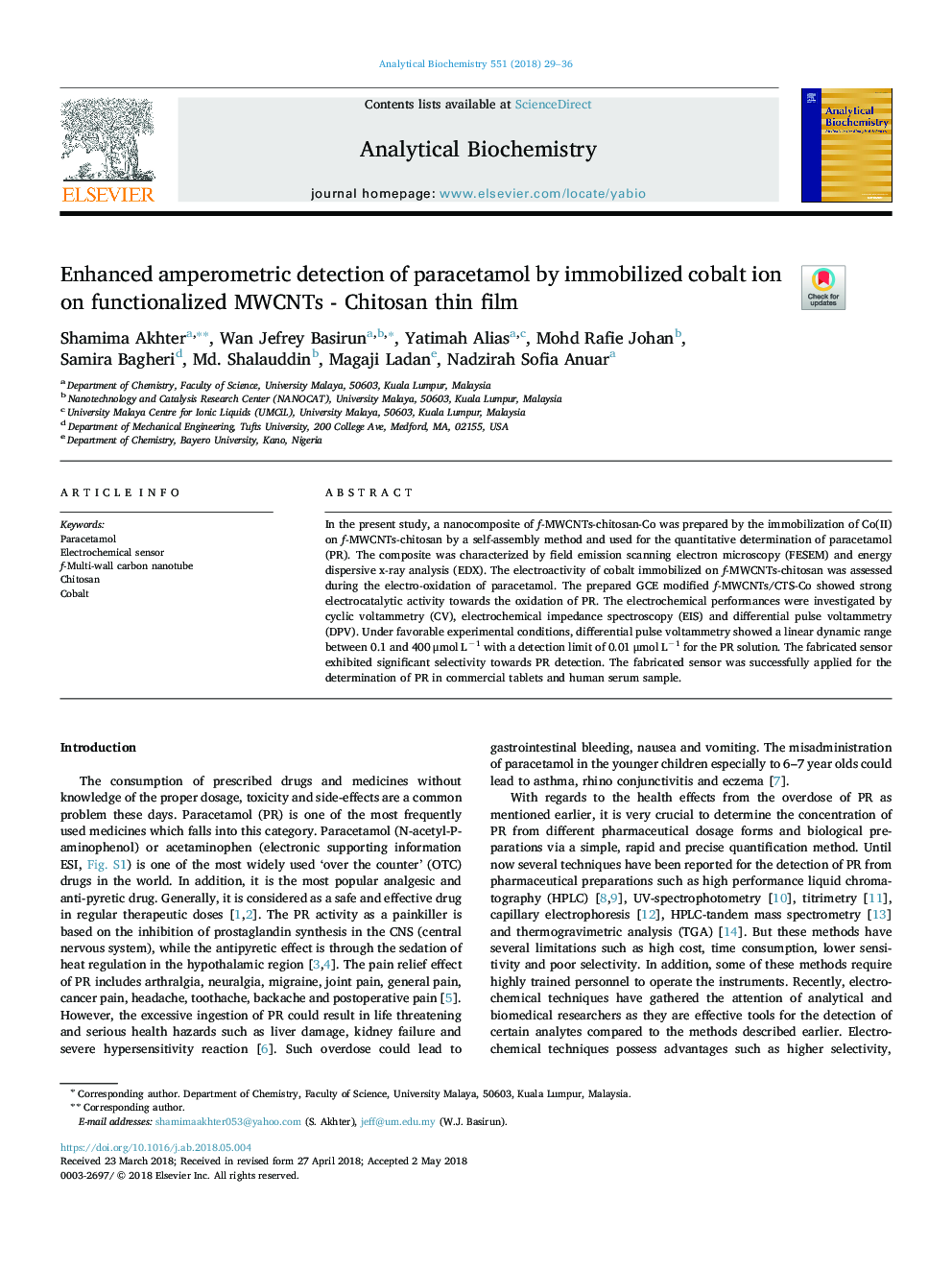 Enhanced amperometric detection of paracetamol by immobilized cobalt ion on functionalized MWCNTs - Chitosan thin film