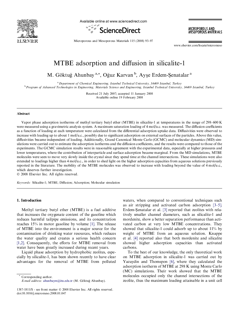 MTBE adsorption and diffusion in silicalite-1