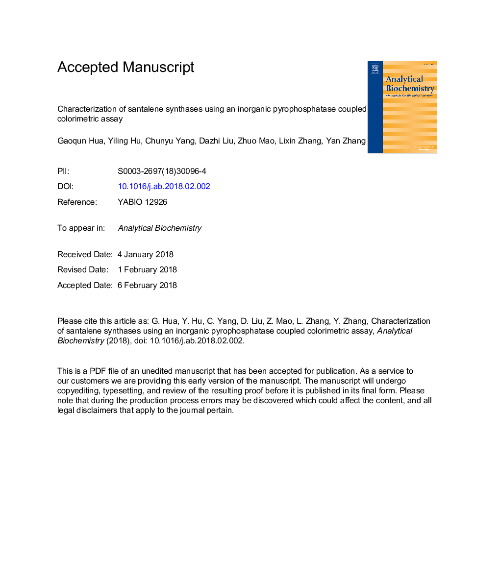 Characterization of santalene synthases using an inorganic pyrophosphatase coupled colorimetric assay