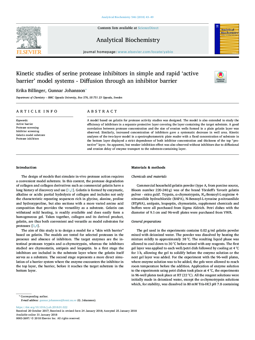 Kinetic studies of serine protease inhibitors in simple and rapid 'active barrier' model systems - Diffusion through an inhibitor barrier