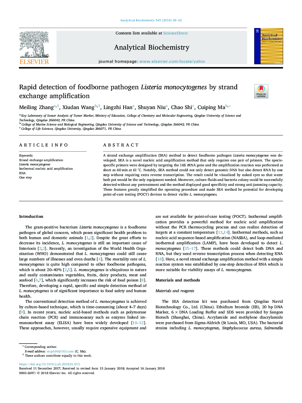 Rapid detection of foodborne pathogen Listeria monocytogenes by strand exchange amplification