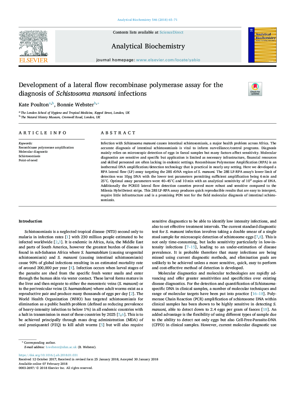 Development of a lateral flow recombinase polymerase assay for the diagnosis of Schistosoma mansoni infections