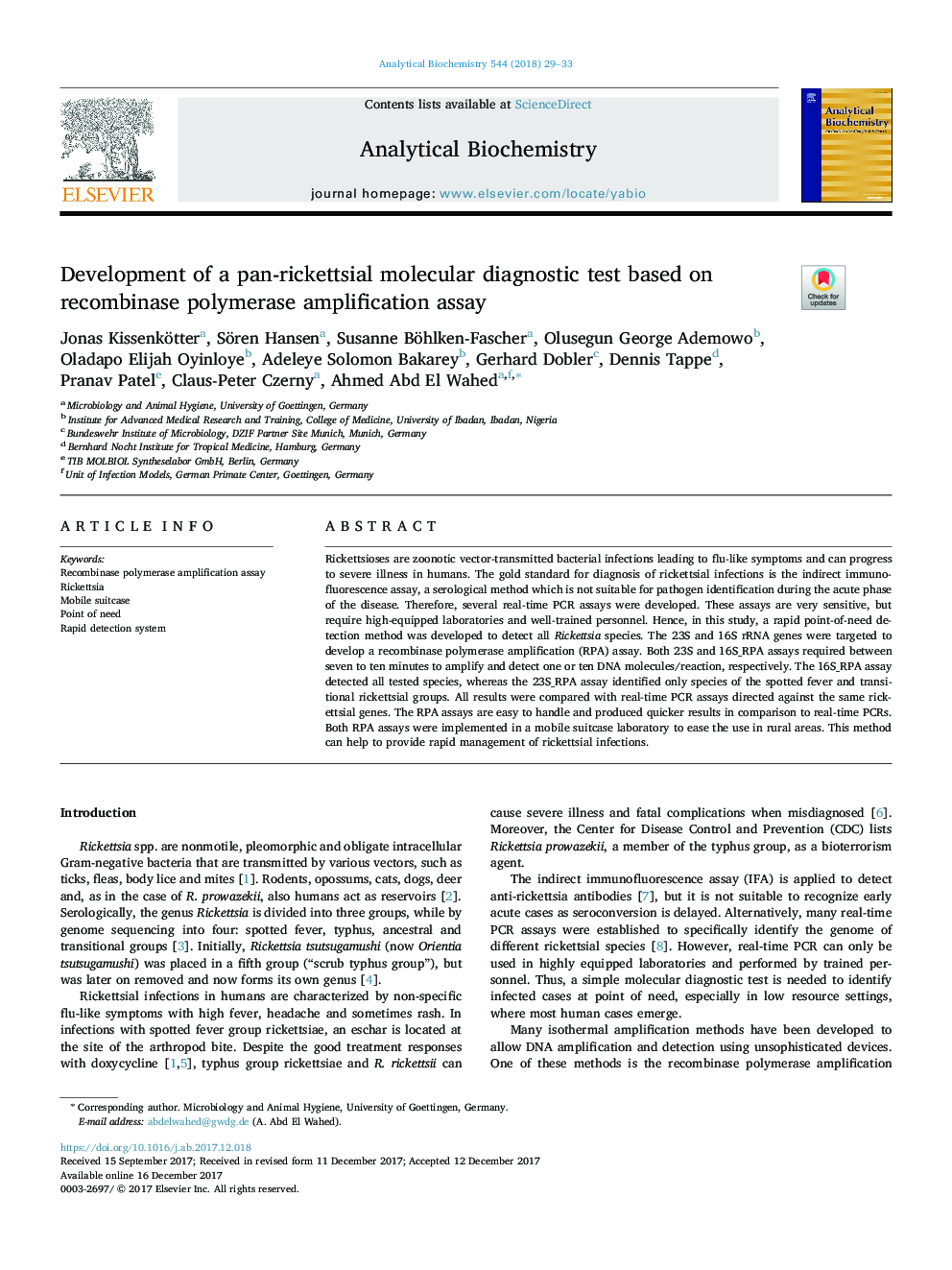 Development of a pan-rickettsial molecular diagnostic test based on recombinase polymerase amplification assay