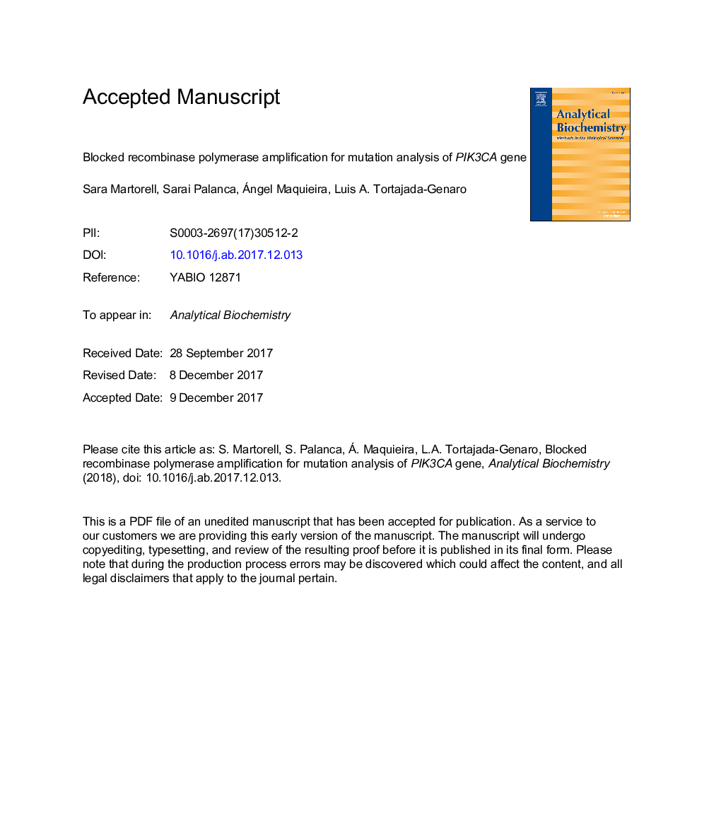 Blocked recombinase polymerase amplification for mutation analysis of PIK3CA gene