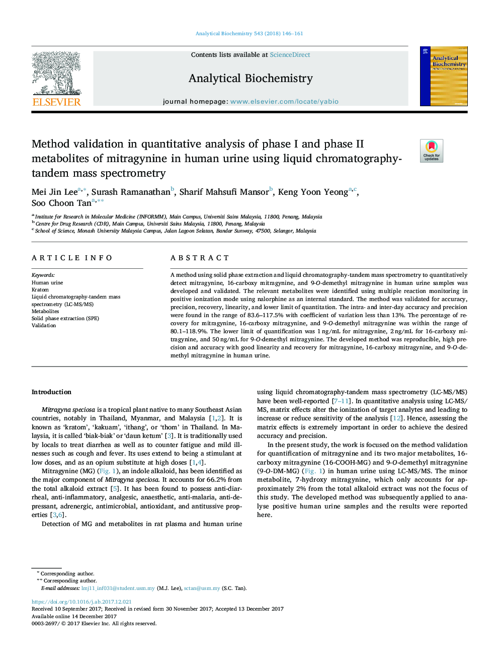 Method validation in quantitative analysis of phase I and phase II metabolites of mitragynine in human urine using liquid chromatography-tandem mass spectrometry