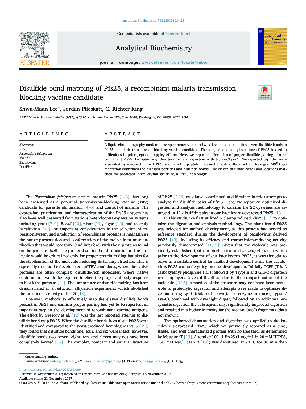 Disulfide bond mapping of Pfs25, a recombinant malaria transmission blocking vaccine candidate