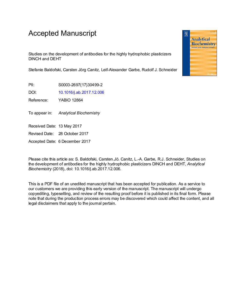 Studies on the development of antibodies for the highly hydrophobic plasticizers DINCH and DEHT