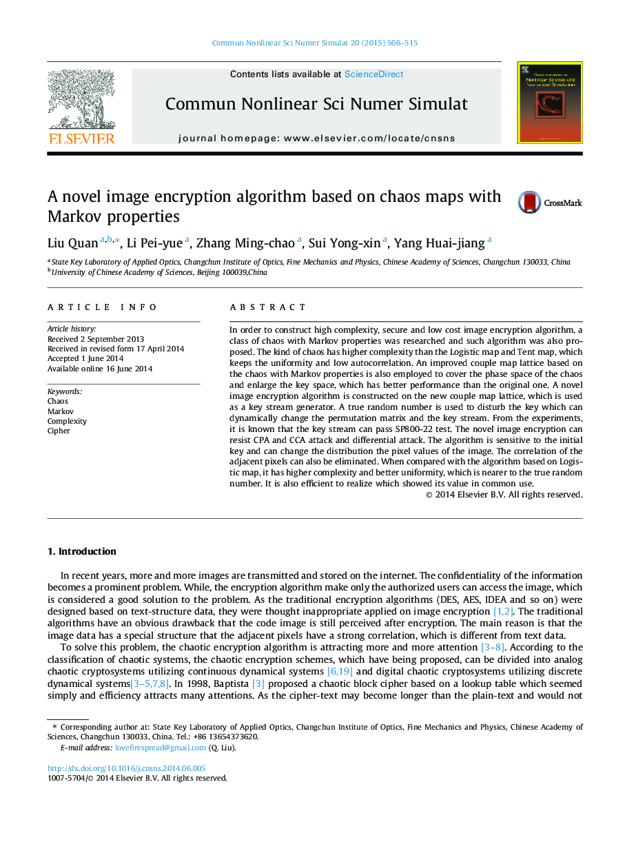 A novel image encryption algorithm based on chaos maps with Markov properties