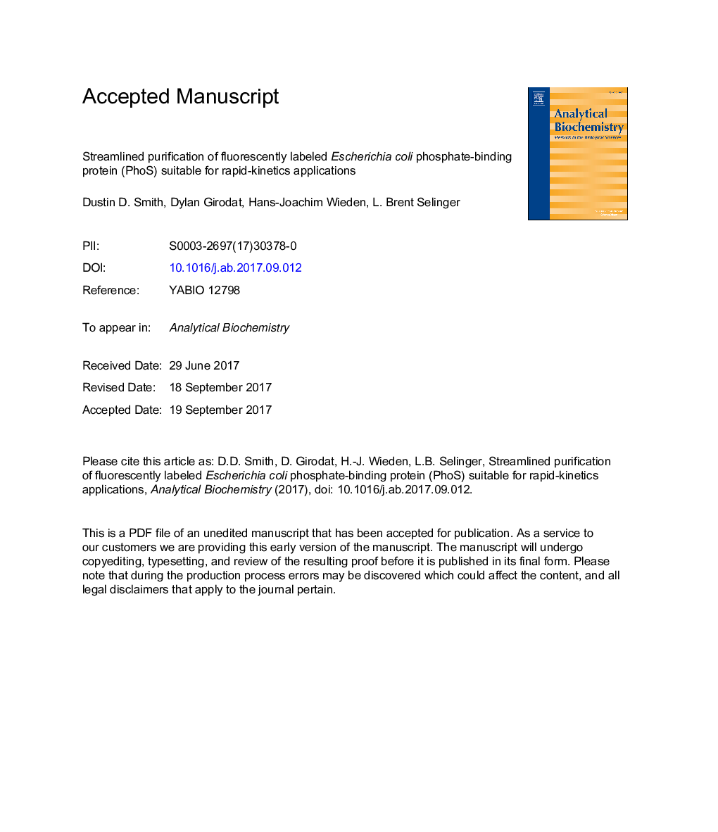 Streamlined purification of fluorescently labeled Escherichia coli phosphate-binding protein (PhoS) suitable for rapid-kinetics applications