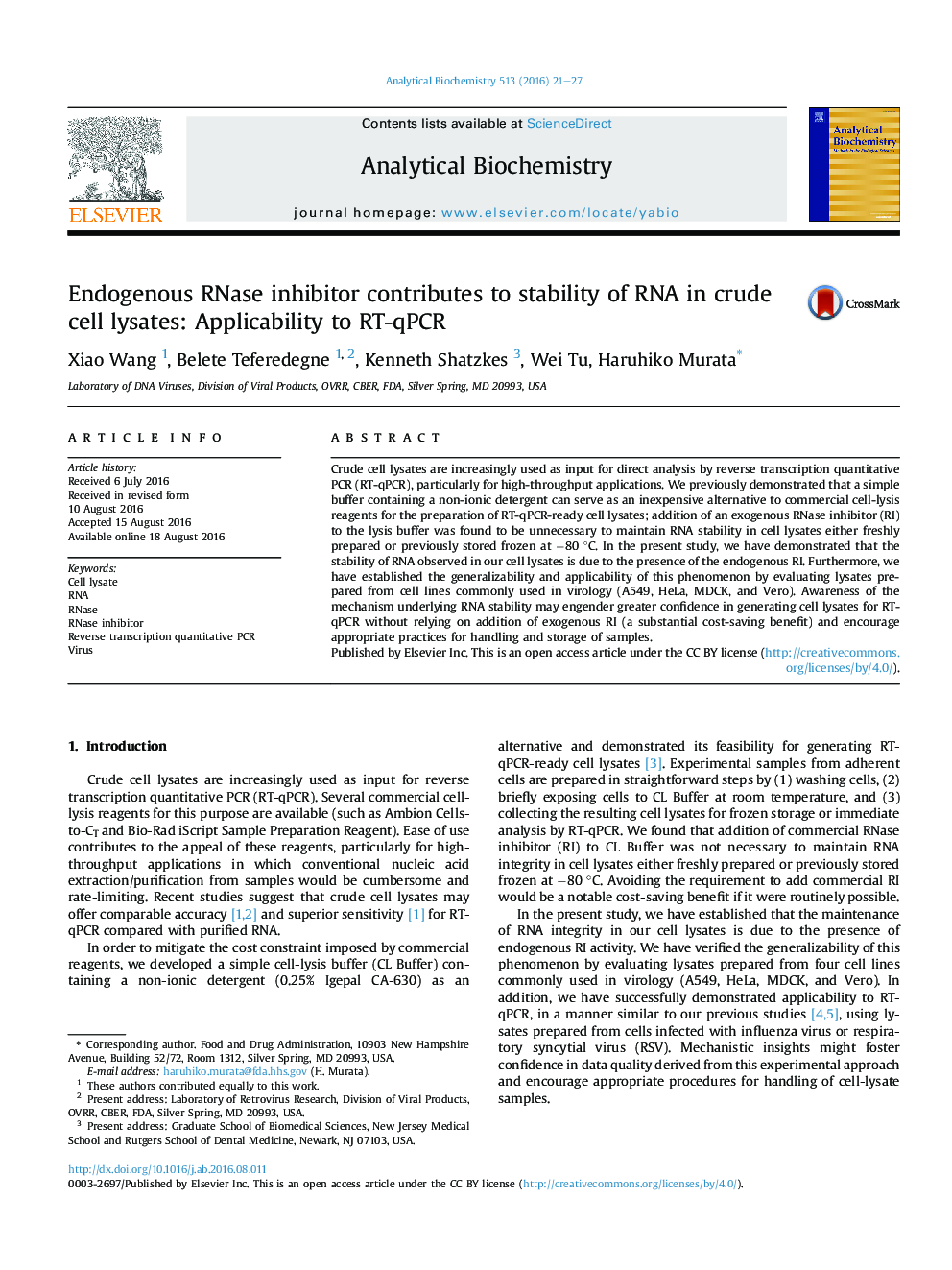 Endogenous RNase inhibitor contributes to stability of RNA in crude cell lysates: Applicability to RT-qPCR