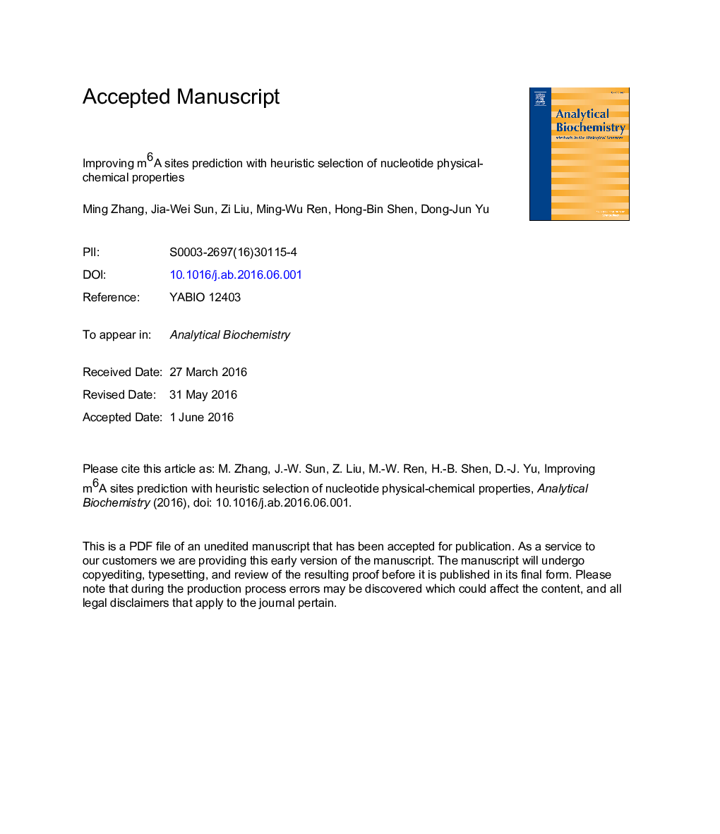 Improving N6-methyladenosine site prediction with heuristic selection of nucleotide physical-chemical properties