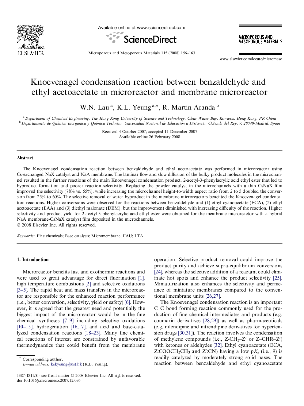 Knoevenagel condensation reaction between benzaldehyde and ethyl acetoacetate in microreactor and membrane microreactor