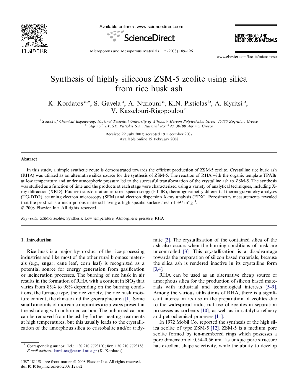 عکس صفحه اول مقاله: Synthesis of highly siliceous ZSM-5 zeolite using silica from rice husk ash Synthesis of highly siliceous ZSM-5 zeolite using silica from rice husk ash