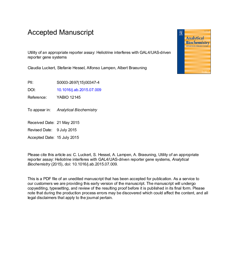 عکس صفحه اول مقاله: Utility of an appropriate reporter assay: Heliotrine interferes with GAL4/upstream activation sequence-driven reporter gene systems Utility of an appropriate reporter assay: Heliotrine interferes with GAL4/upstream activation sequence-driven reporter gene systems