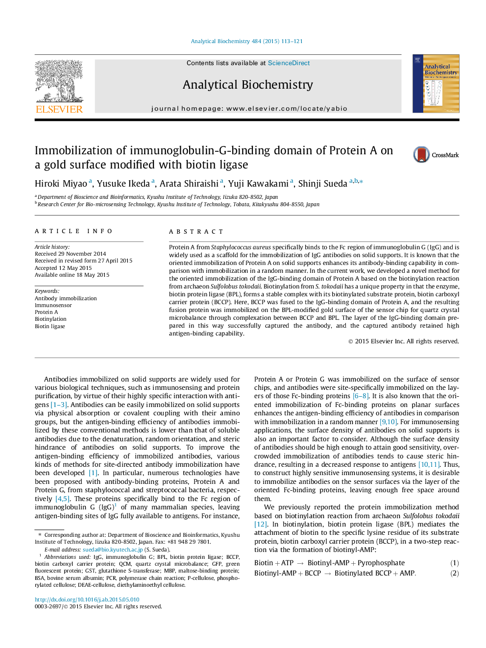 Immobilization of immunoglobulin-G-binding domain of Protein A on a gold surface modified with biotin ligase